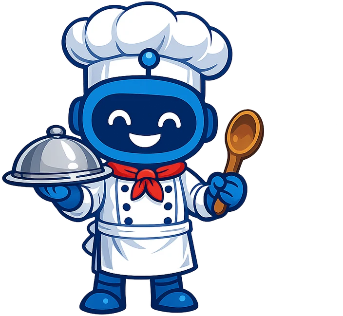 Mascote Cyber Chefs: robô azul de chapéu de chef segurando uma bandeja e uma colher de pau